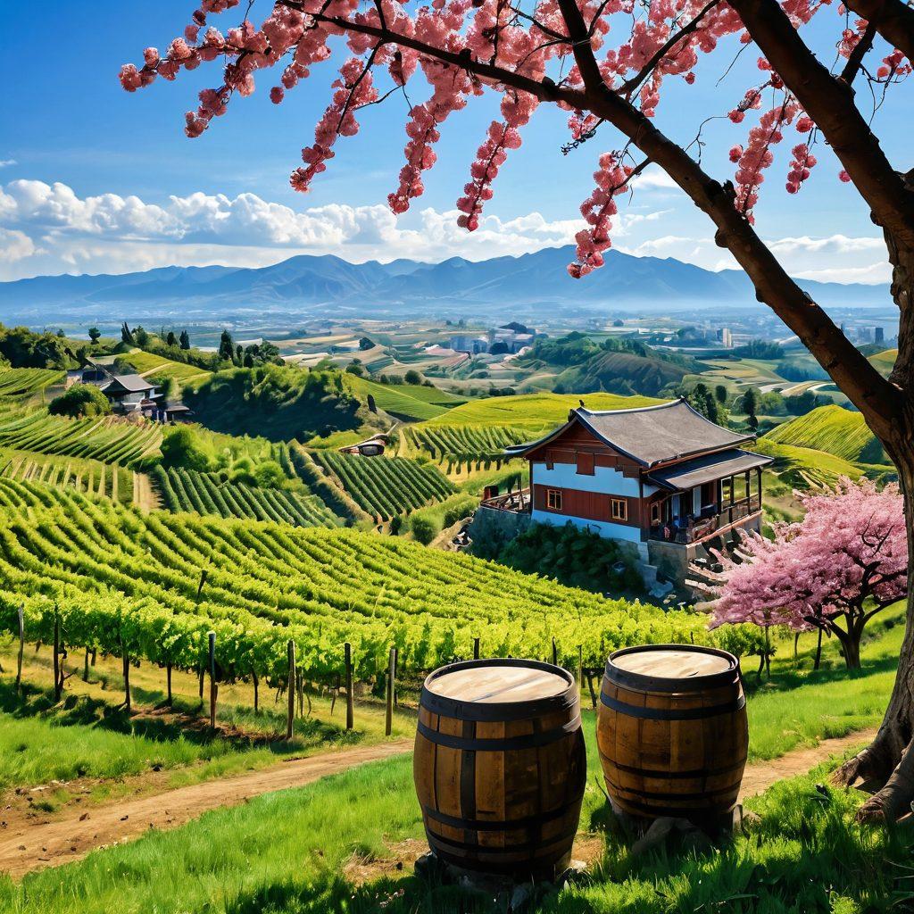 A scenic landscape showcasing lush vineyards under a bright blue sky in the Asia Pacific region, with diverse travelers sipping wine and enjoying picturesque views. Include elements such as traditional wooden wine barrels, cherry blossom trees, and clusters of grapes. Add a warm sunset glow to enhance the atmosphere of adventure and exploration. Illustrate a sense of cultural richness with local architecture in the background. vibrant colors. super-realistic.