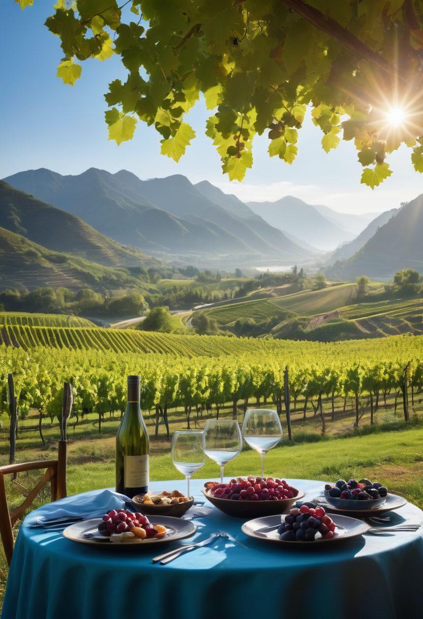 A picturesque vineyard under a clear blue sky, showcasing rows of grapevines with clusters of ripe grapes. In the foreground, a beautifully set dining table with exquisite Asian dishes and wine glasses reflecting sunlight, hinting at a culinary adventure. The backdrop features scenic mountains and a winding river, evoking a sense of serenity and exploration. The color palette should be warm and inviting to enhance the senses. vibrant colors. super-realistic.
