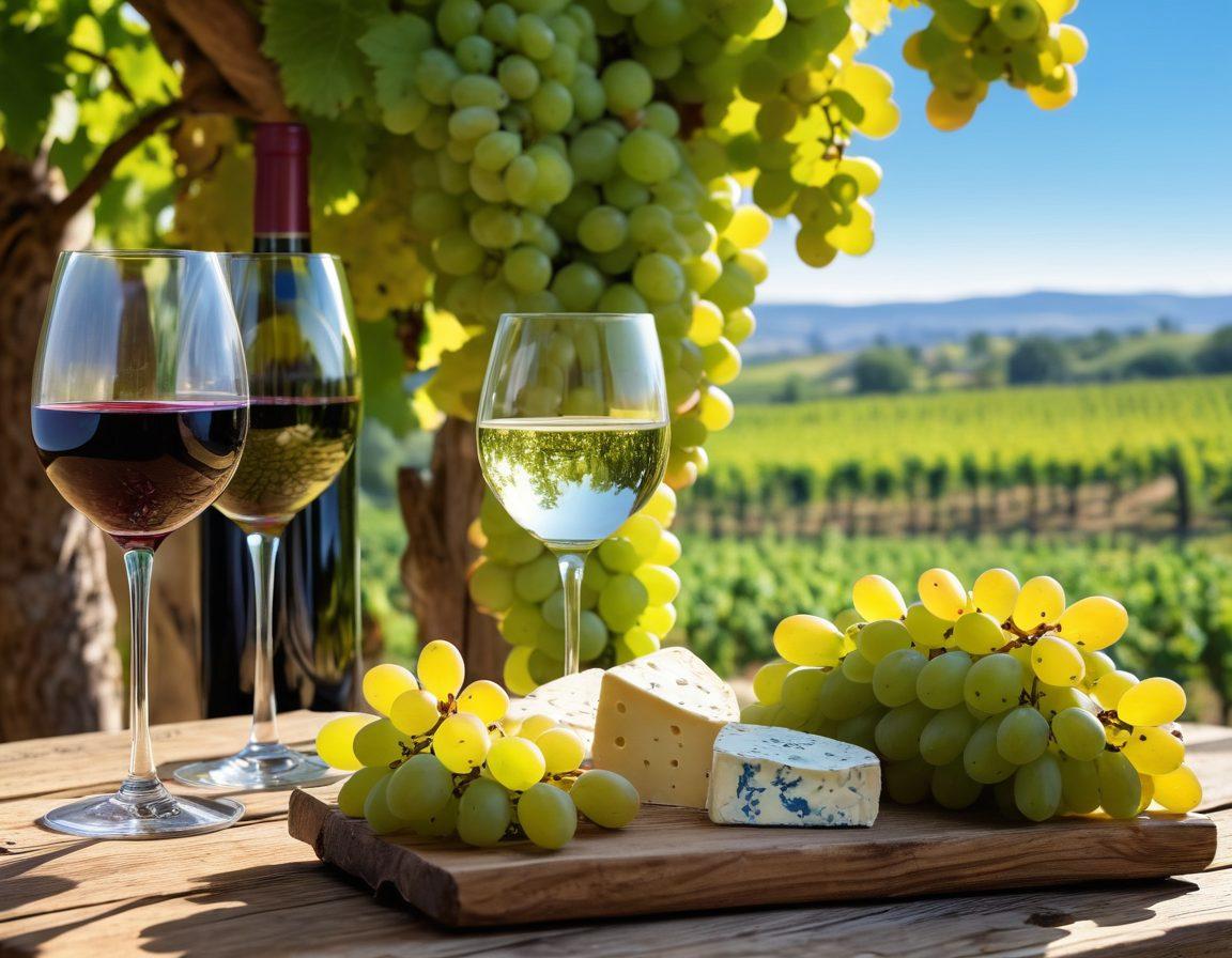 A picturesque vineyard landscape with lush green grapes hanging from vines under a bright blue sky. In the foreground, a wine glass is filled with a unique wine variety, shimmering in the sunlight, accompanied by an assortment of cheese and fruits. Guests mingle and enjoy a tasting event, showcasing diverse wine bottles on rustic wooden tables. Emphasize the vibrant colors of the grapes and the golden hues of the wine. painterly style. vibrant colors.